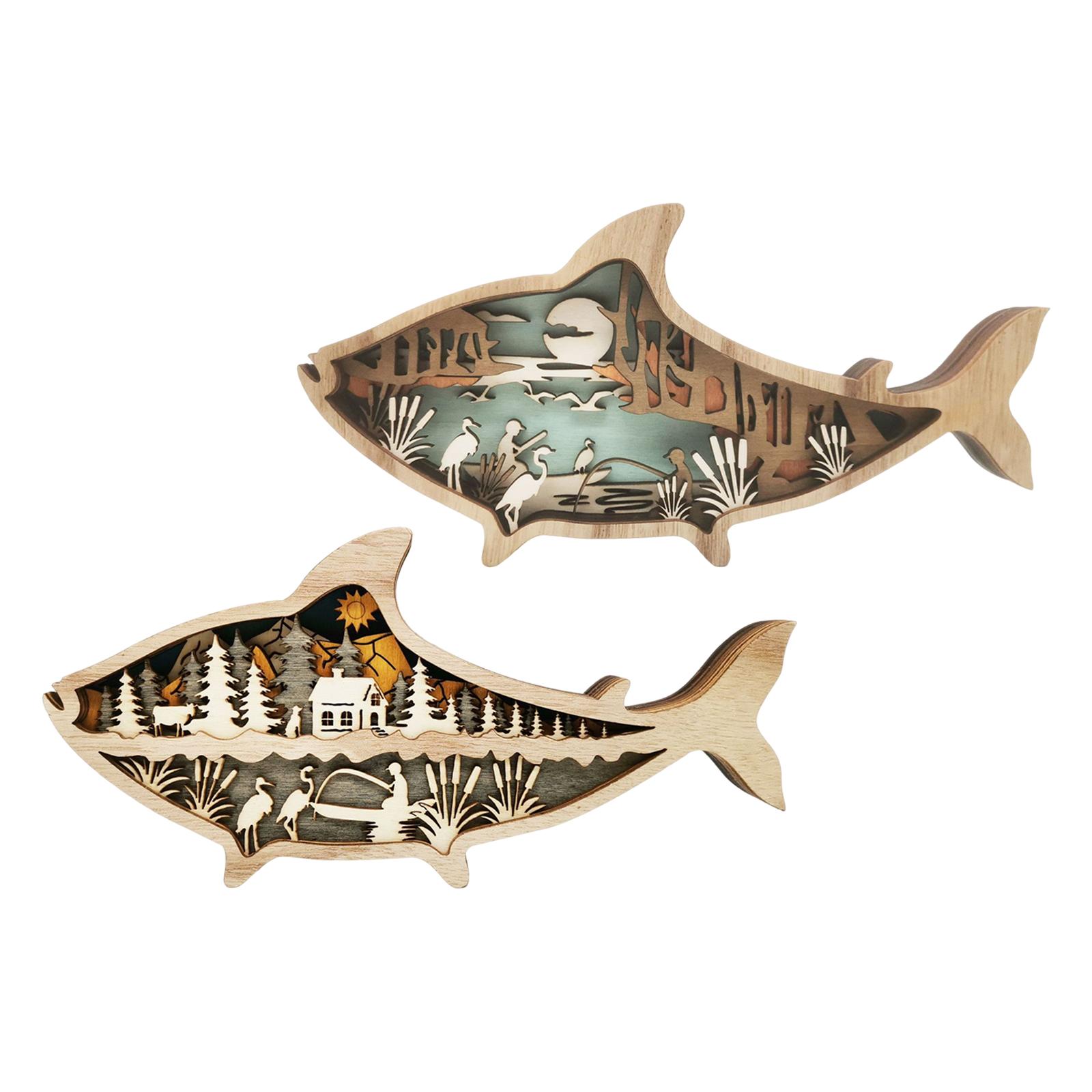 Marine Animals Wooden Decor Sculptures Maritime Themed DIY Carved Fish Nautical Ornament for Living Room Desk Shelf Beach Decor