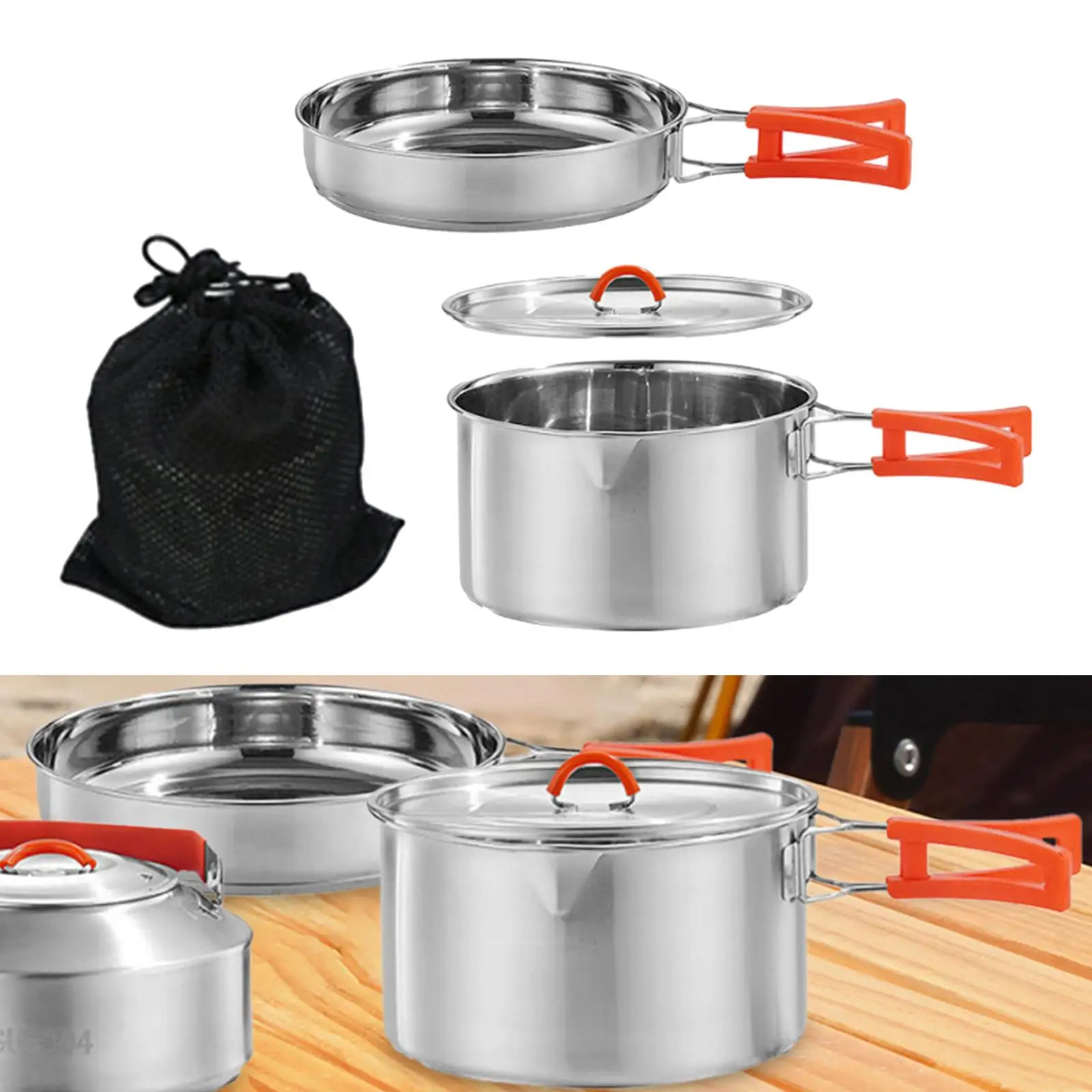 Camping Cookware Set Easy to Clean Stainless Steel Camping Pot and Pan for Picnic Hiking Backpacking Accessories Equipment