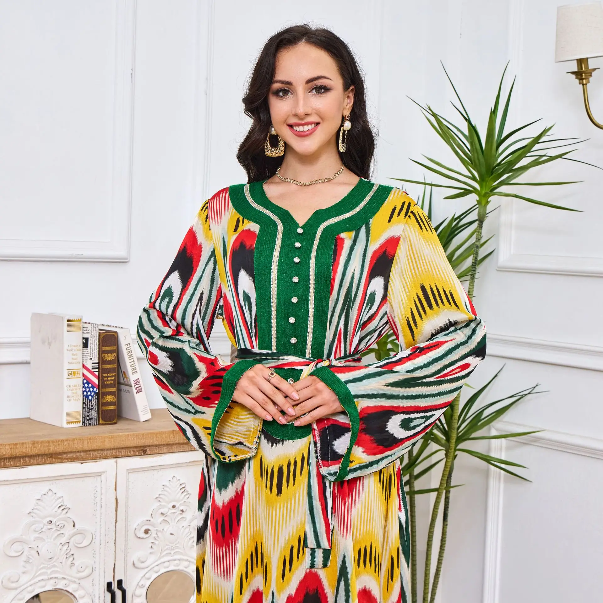 Muslim Printed Belt Dress Eid Women Abaya Jalabiya Dresses Abayas Ramadan Jalabiya Turkey Kimono Robe Moroccan Caftan Vestidos