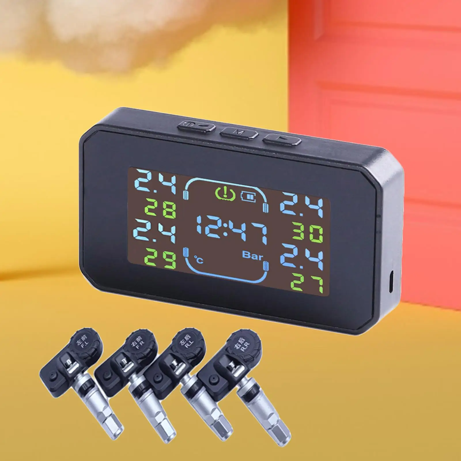 Solar and USB Charge Tire Pressure  System w/ 4 External Sensor Monitor Temperature Alerts Time  Alarm Modes