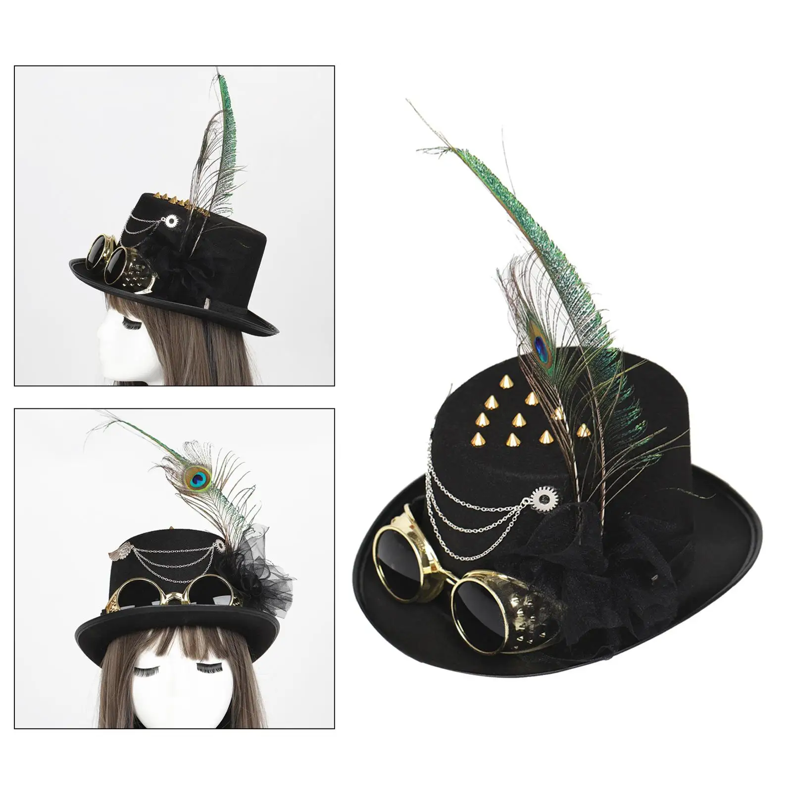 Victorian Steampunk Top Hat with Goggles Feather Gothic Cosplay Party Hat Classic Formal Hat for Halloween Dress up Men Women