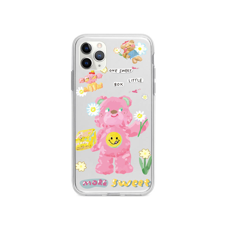 Cute oil painting flower bear Phone Case For iPhone 13 11 12 Pro Max 7 8 Plus 12 mini X XR XS Max Cartoon transparent Soft Cover iphone 13 mini flip case