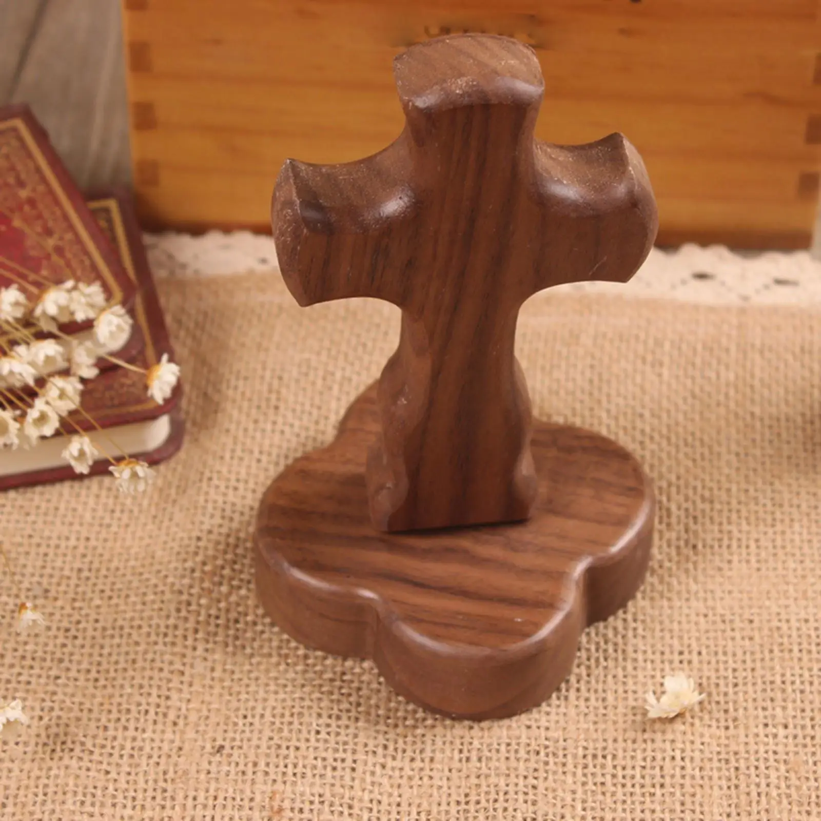 walnut Desktop Crucifix Figurines Religious Prayer Cross Catholic Crucifix with Stand for Memorial Chapel Thanksgiving