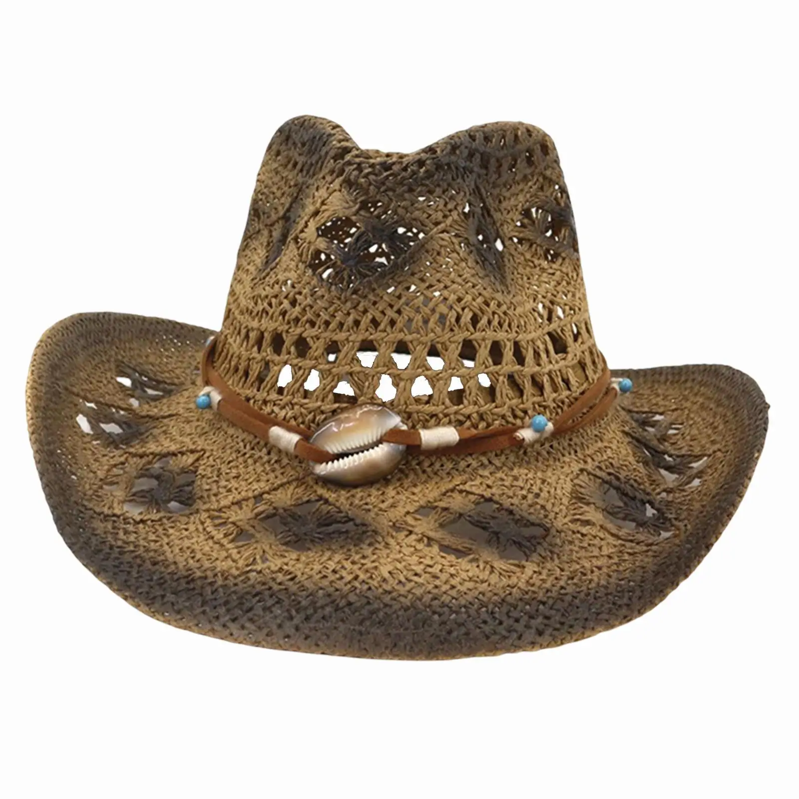 Fashion Summer Straw Cowboy Hat Braided Breathable Hollowed Roll up Brim