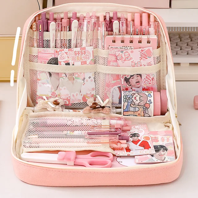 Pencil Bag 2 Tier Large Capacity Metal Zipper Mesh Pocket Portable Large Pencil  Case For Students School Office Pink And Beige - AliExpress