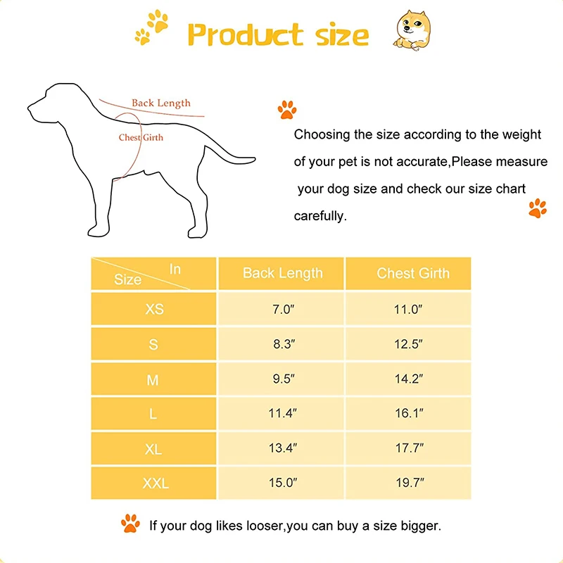 Una tabla para elegir el tamaño adecuado de un producto para un perro, probablemente un arnés o un artículo similar. Incluye un diagrama de un perro con medidas de largo de espalda y contorno de pecho.