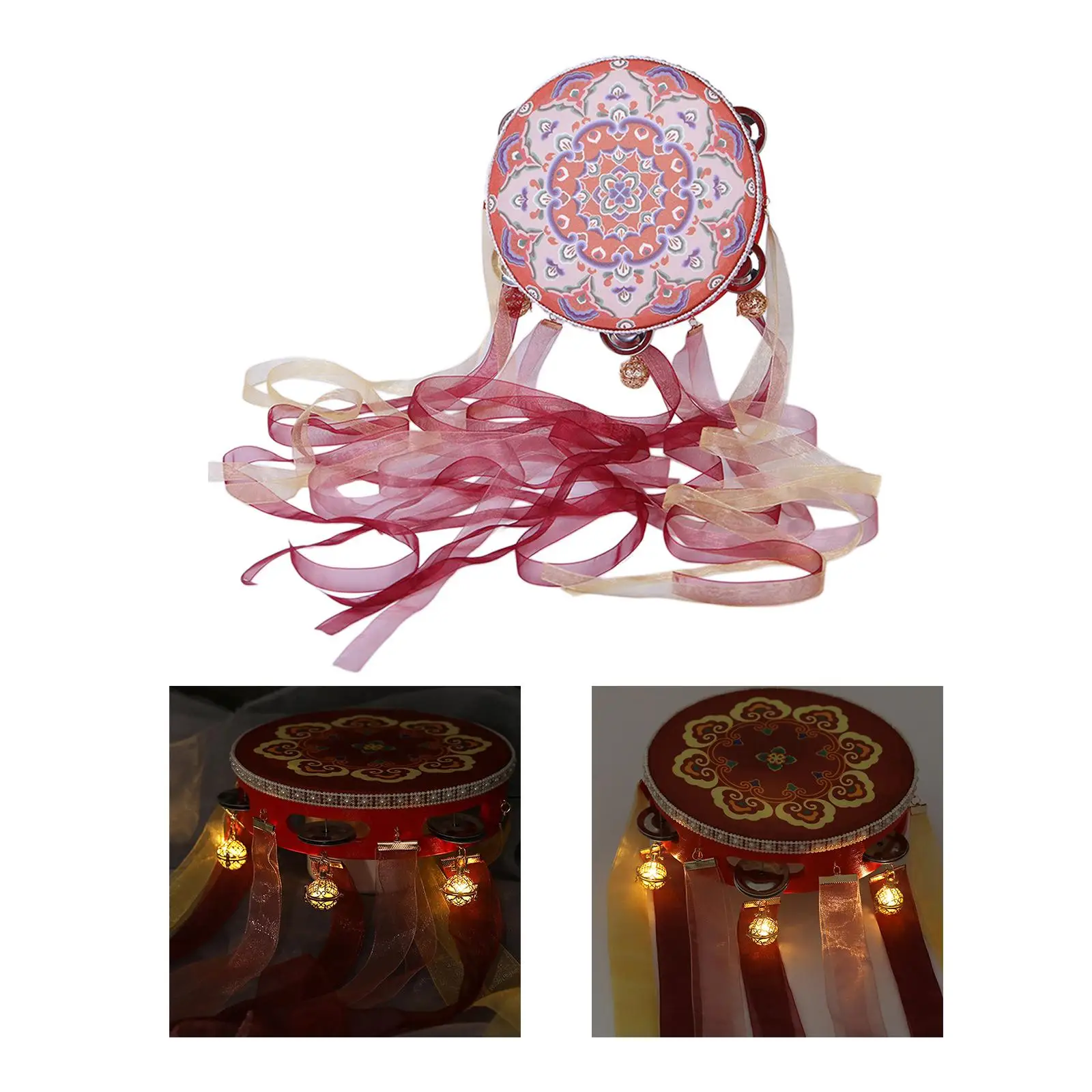 Handheld Drum Bell Tambourine Drum with Ribbon 7.28 Lightweight Chinese Style