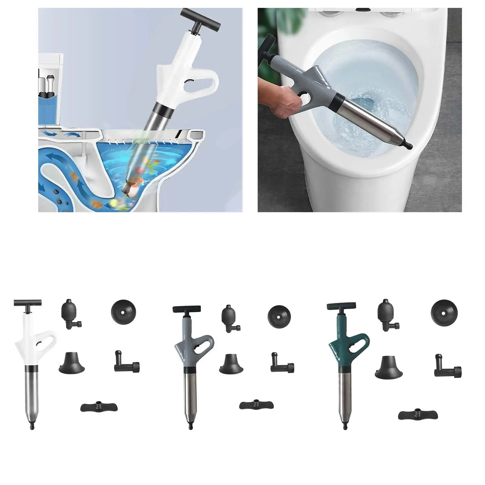 Toilet Air Pressure Plunger Pump with 4 Attachment Head Sink Plungers for Sinks Sewer Kitchen Blocked Pipe Clogged Toilet