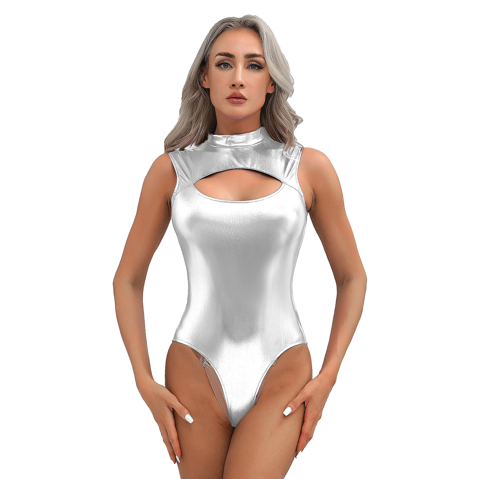 Frauen Pole Dance Bodysuit metallisch glänzend Ausschnitt Reiß verschluss Trikot Nachtclub Party Bühne Performance Kostüm Pool Strand Bade bekleidung – Detail 15