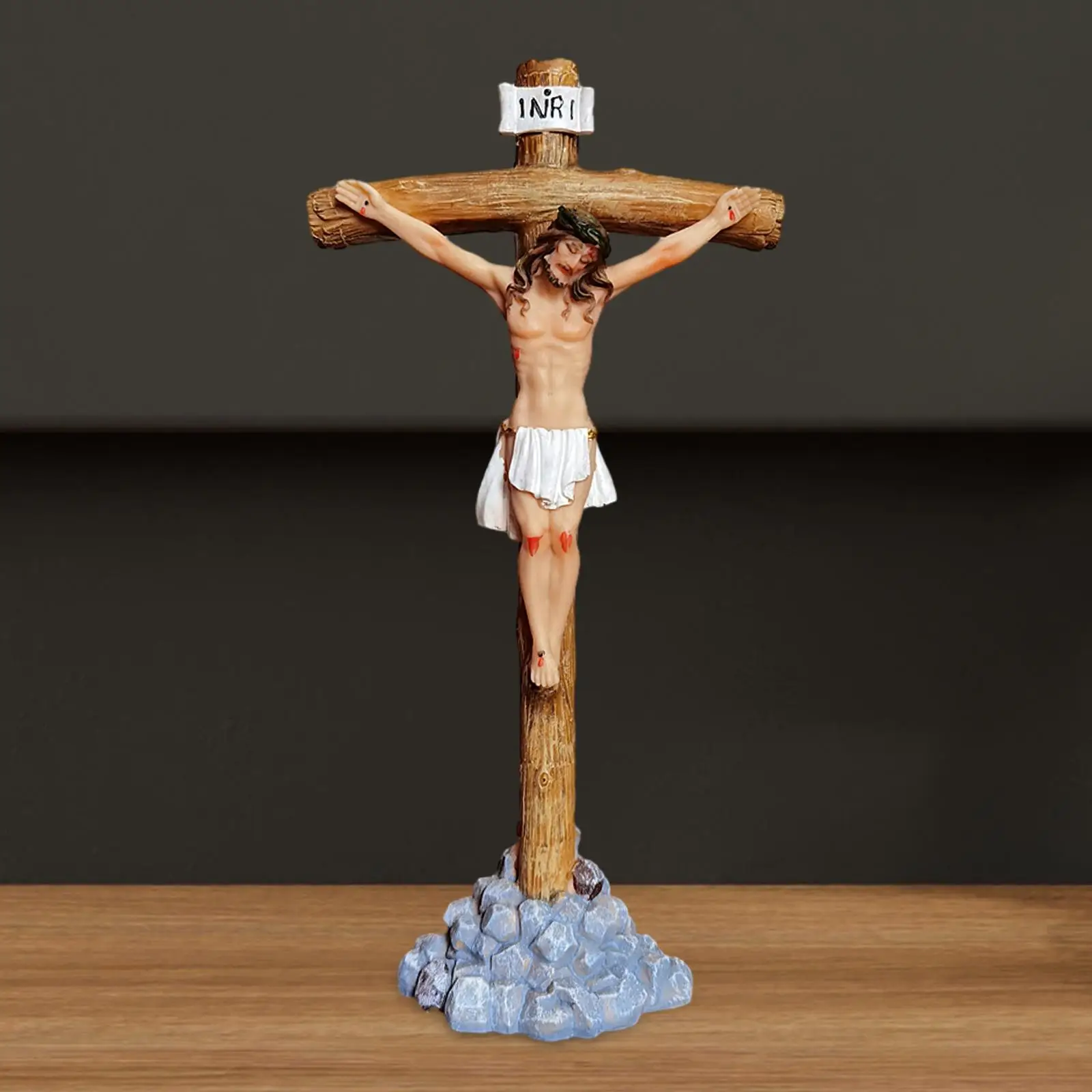 Jesus on The Cross Figurines Family Craftsmanship Risen Crucifix for Holiday Tabletop Housewarming Ornament 29cm Tall