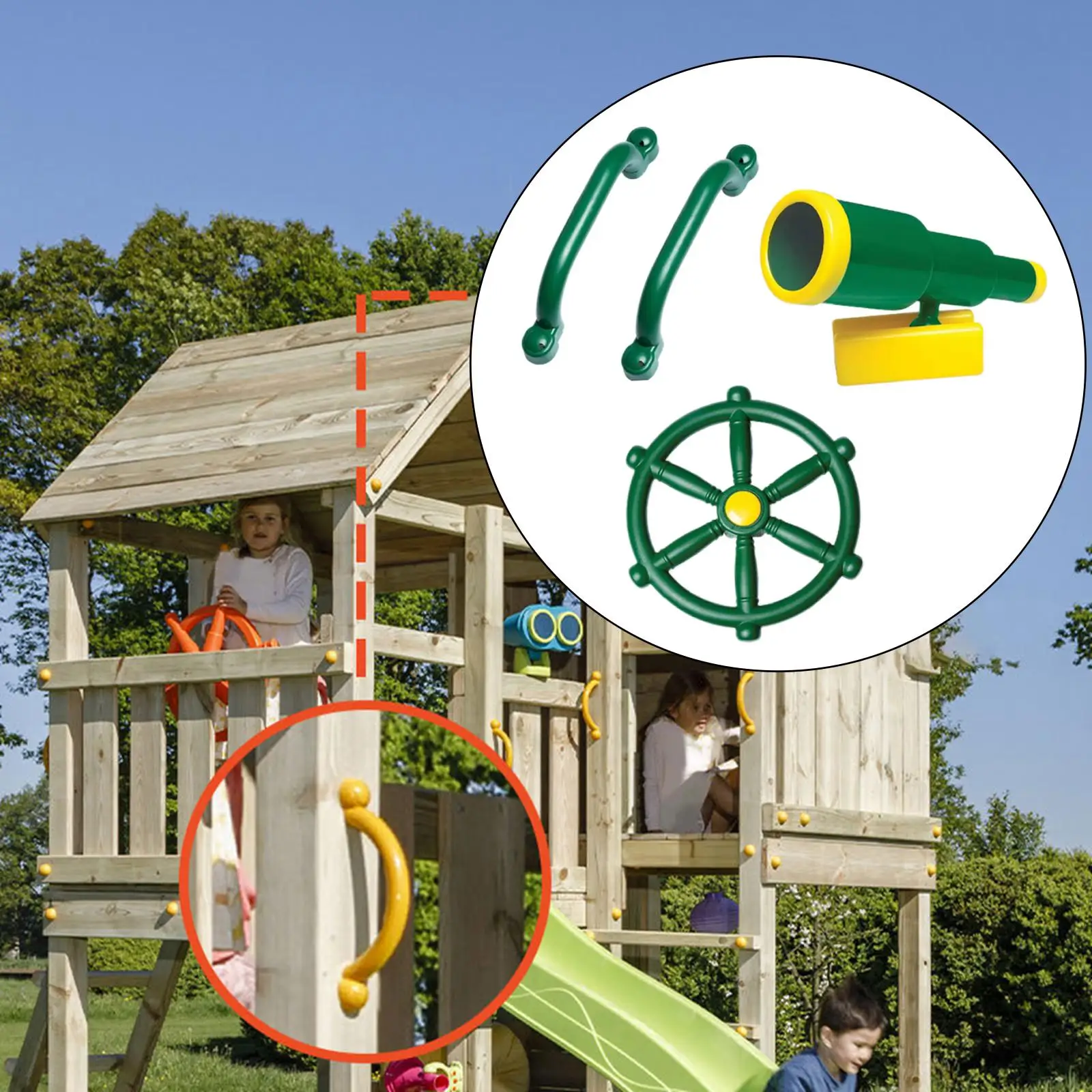 4 Pieces Playground Equipment Set Kids Pirate Telescope Steering Wheel & Safety Handle Bars for Treehouse