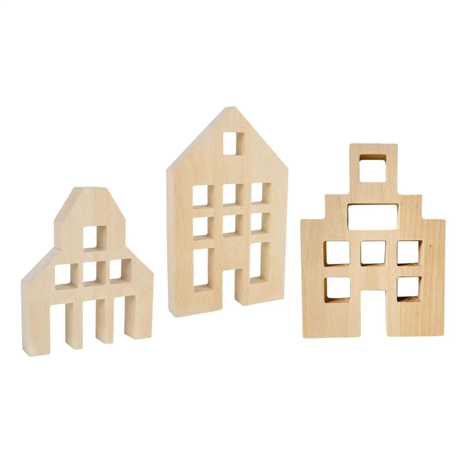 3Pcs Wood House Blocks Decorative Wooden Ornament for Ages 3-6 Kids Bedroom