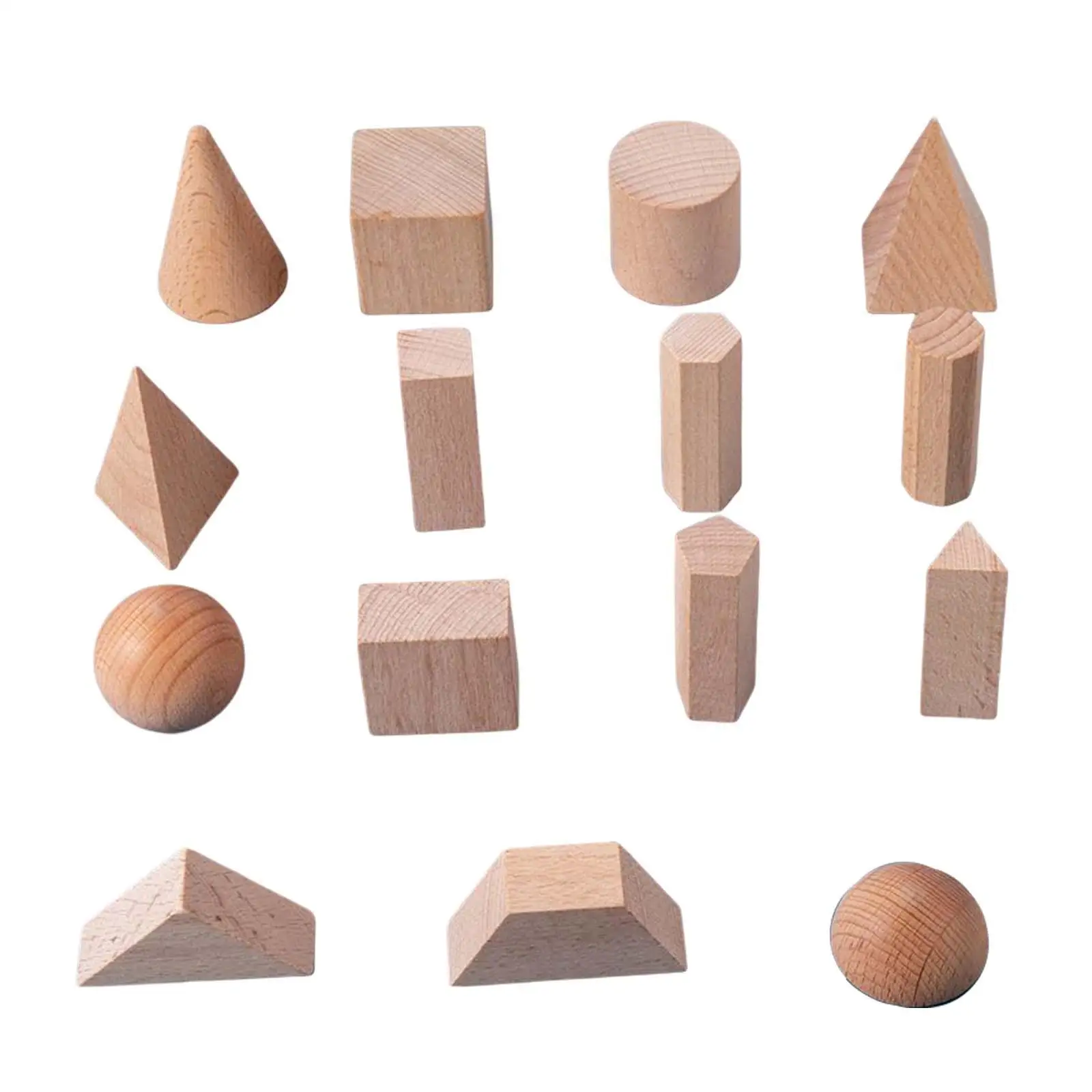 15 Pieces Wooden Geometric Solid Blocks 3D Shapes Learning Education Math Toys for Ages 2+ Kids
