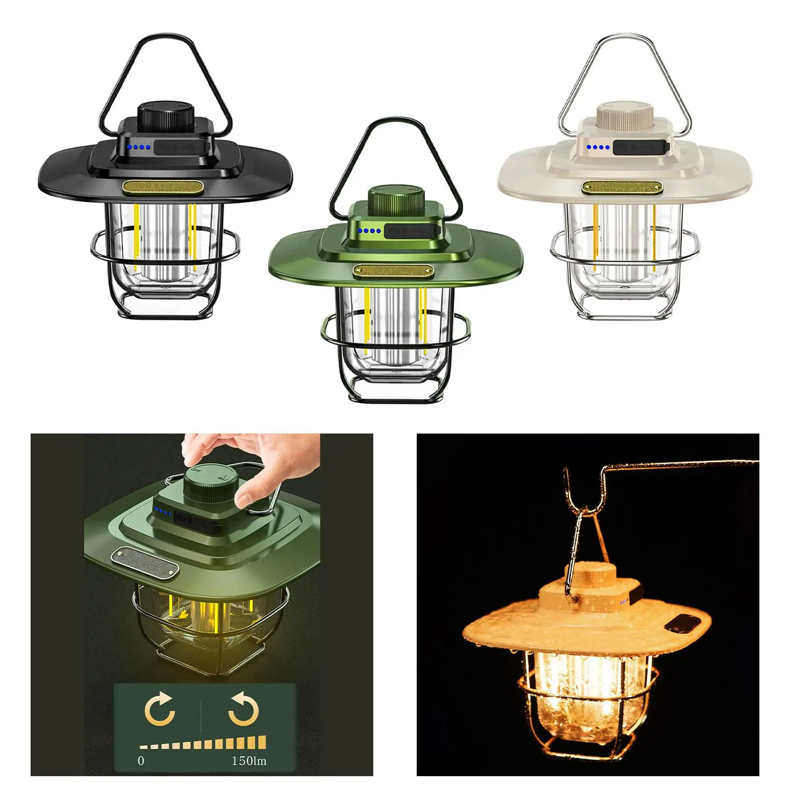 Stainless Steel LED Camping Lantern Night Light 2 Light Modes Lightweight Rechargeable Vintage Style Hanging for Hiking Garden