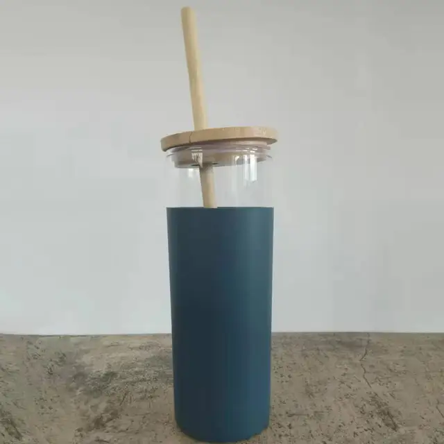 Bubble Glass Cup with Wooden Lid and Straw, 16 oz (approx. 470 ml)