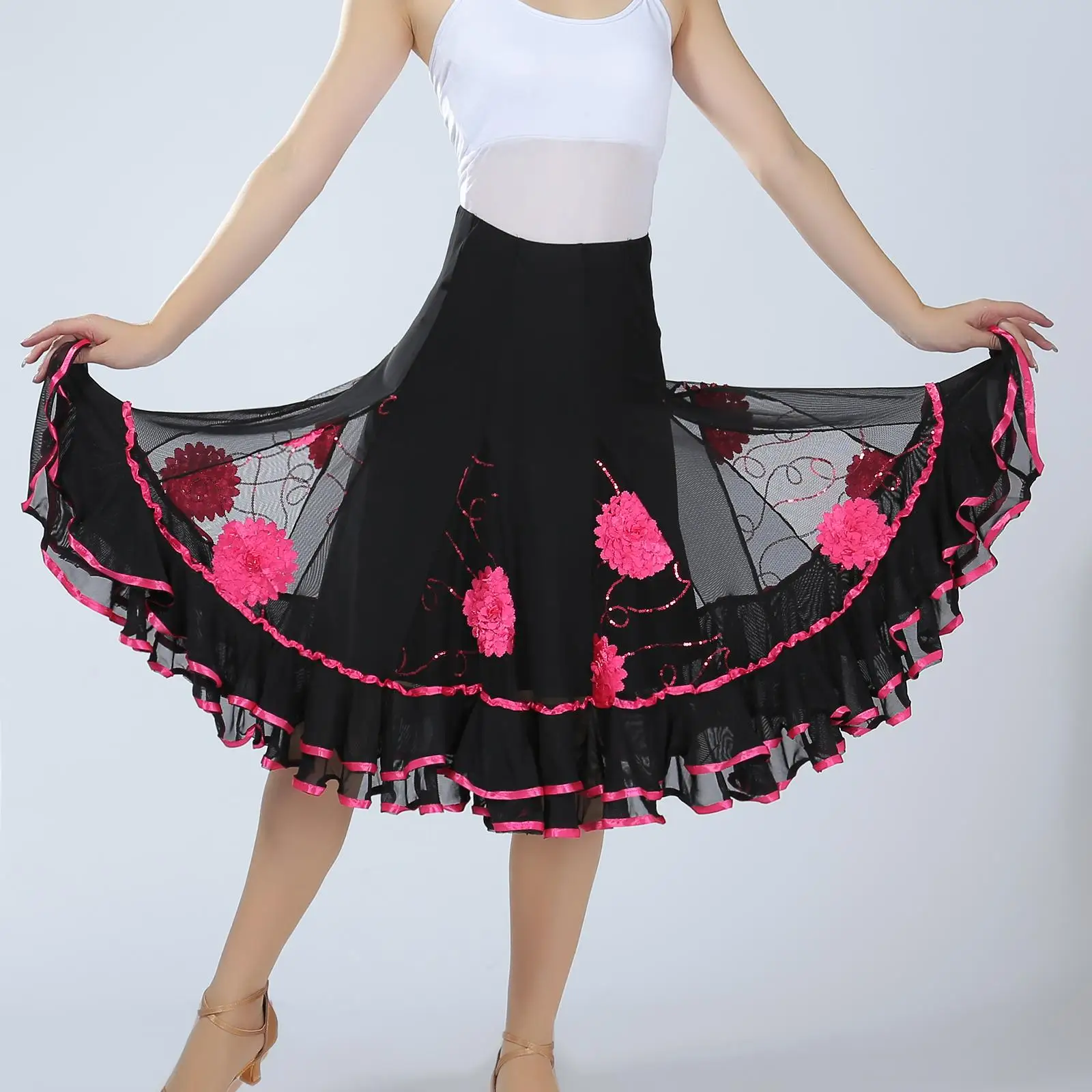 Elegant Ballroom Dance Skirt Dancing Costume Party Stage Performance Long Swing Skirt for Flamenco Cha Cha Rumba Women