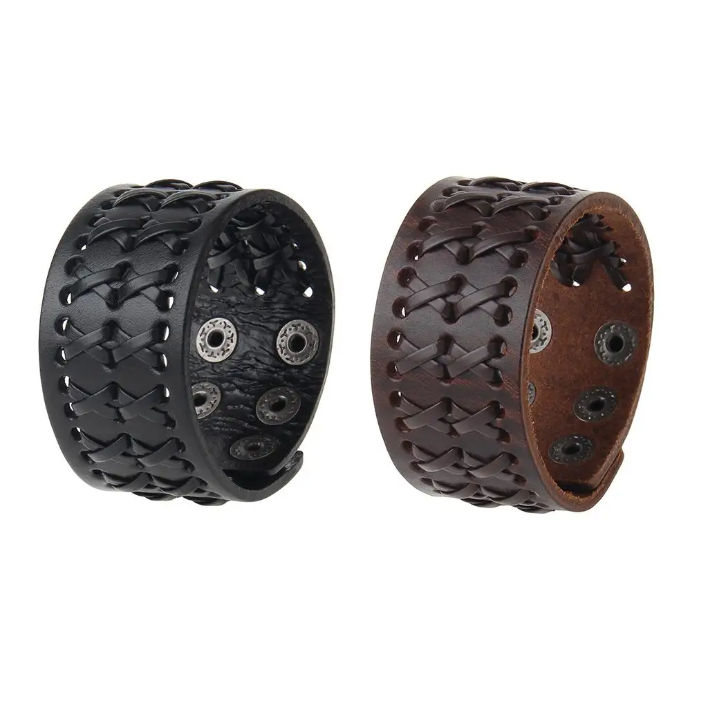 Men`cool Alloy Wide Rope  PU Leather Cuff Wristband Bangle Bracelet