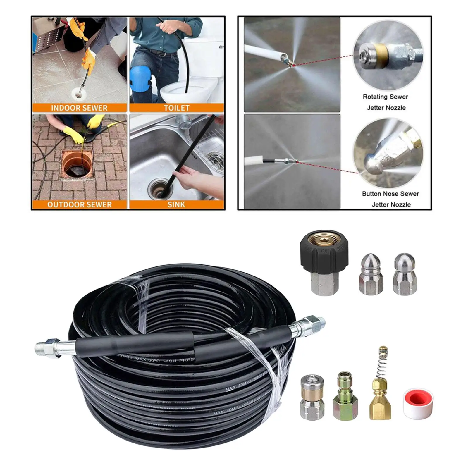 High Pressure Washer Hose with Quick Connector Drain Cleaner Hose Jetter Set