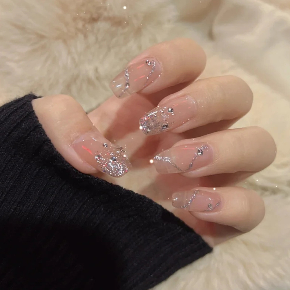 24pcs Press On Nails With Shiny Rhinestones Design For Bride Wedding Full  Cover Nails Art Diy Full Finished False Nails Piece - False Nails -  AliExpress