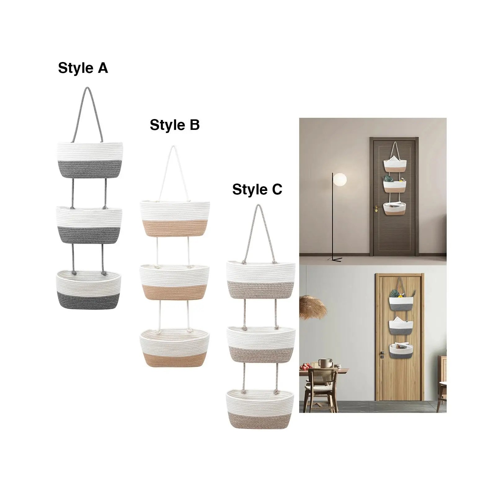 Three Tiers over The Door Fruit and Vegetable Storage Hand Woven Hanging Basket Wall Mount Organizer for Nursery Kitchen Holder