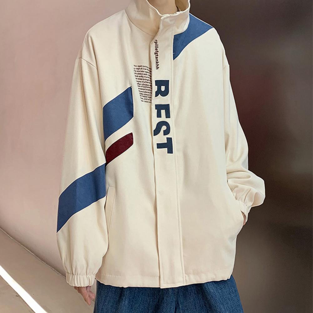 Description Picture 4 of itemSpring Autumn Men Jackets Letter Print Stand Collar Trench Coat Patchwork Color Pockets Single Breasted Zipper Placket Jacket