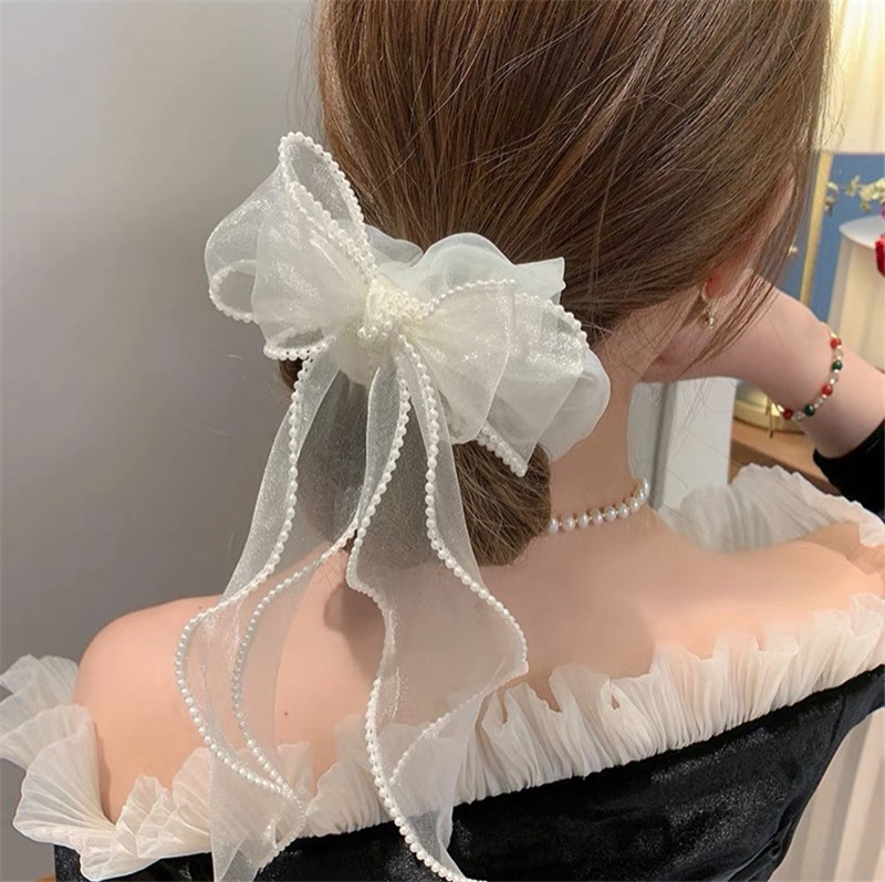 Band Dickdarm Haar Ring Organza Perle Bogen Knoten Kopf Seil Koreanische Fee JK Nette Kopfbedeckung Zubehör für Frauen Mädchen – Detail 3