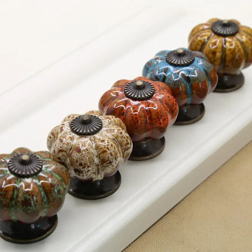 Adorable Small Round Pumpkin Ceramic Cabinet Pull Knobs with Screws, Vintage Drawer Wardrobe Closet Cupboard handle for doors