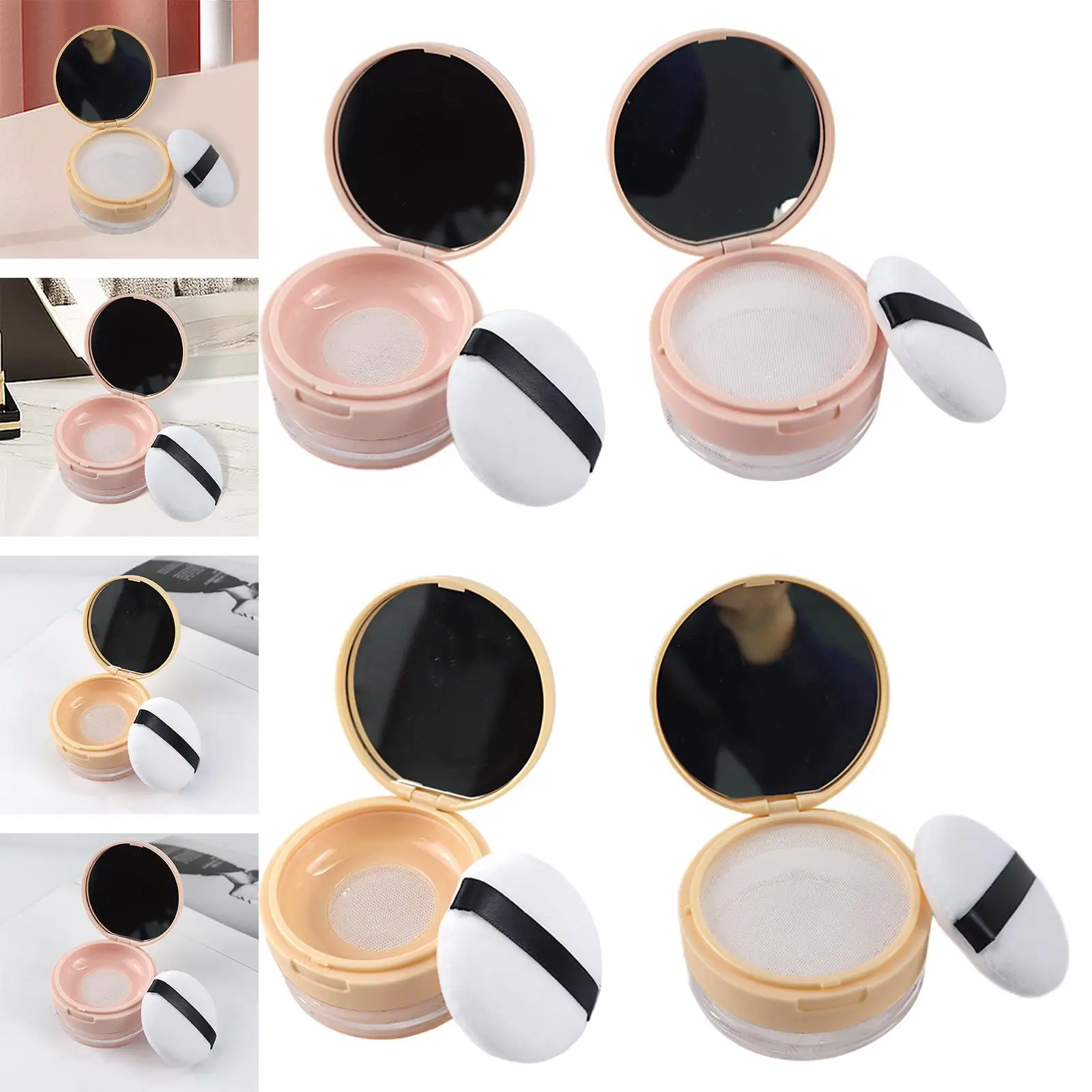 0.7 oz Loose Powder Container with Puff Reusable Compact Elasticated Net Sifter Portable Powder Box with Mirror for Blush Women