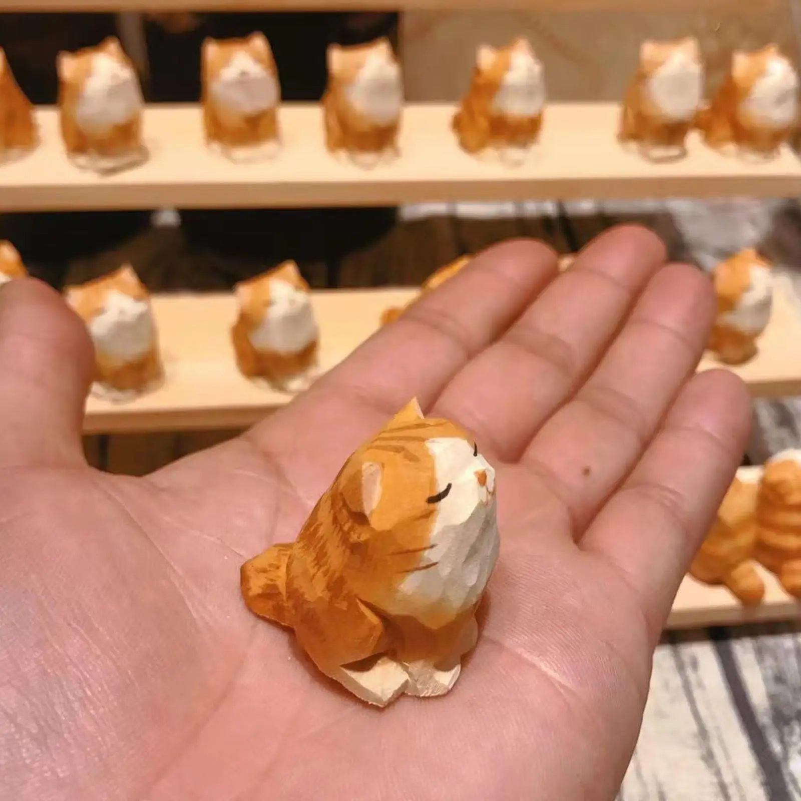 Orange Cat Wooden Figurine Miniature Mini Home Decor Collectible Minifigure