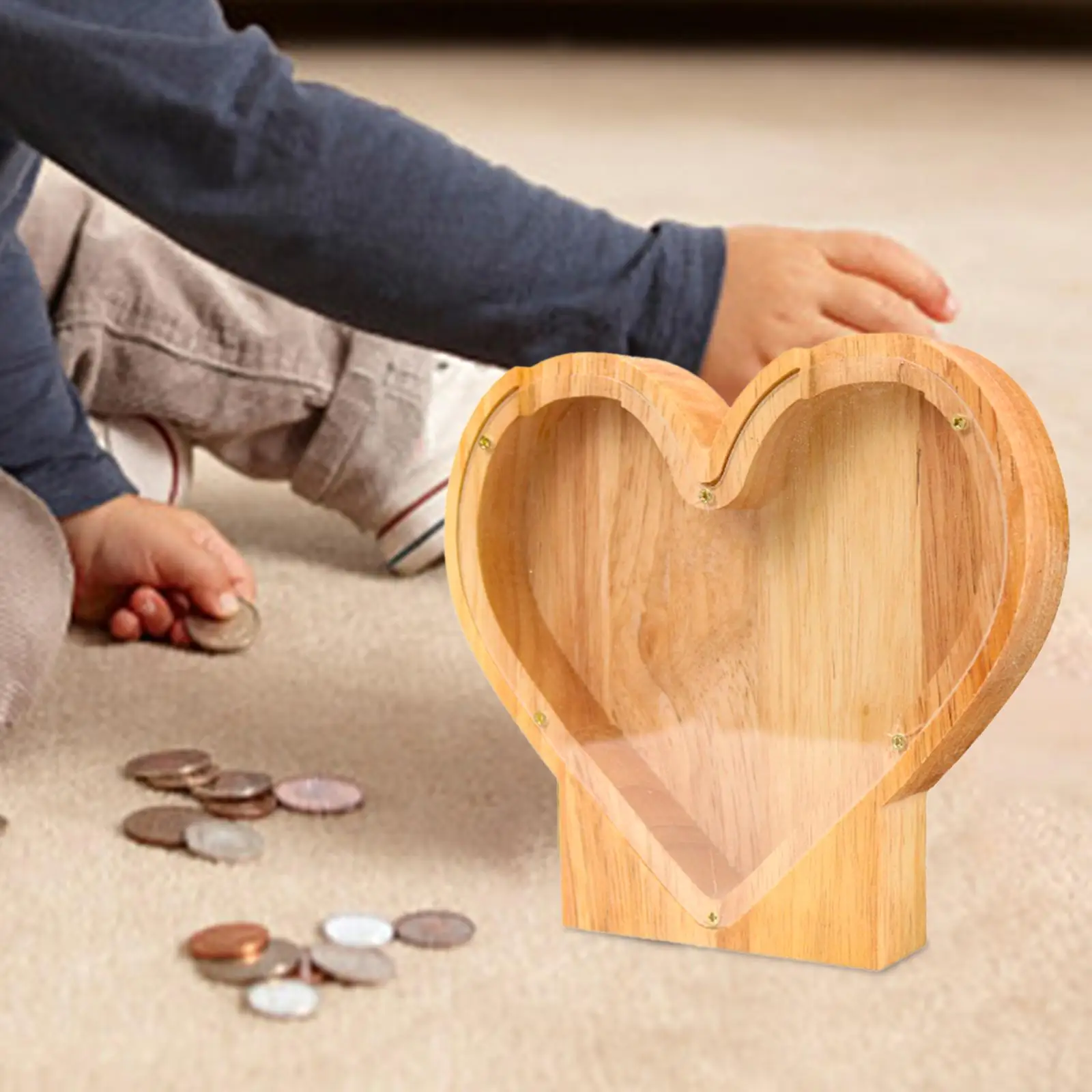 Wooden Piggy Bank Heart Shaped Ornaments Decorative Positive Behavior Saving Box for Bookshelf Tabletop Bedroom Cabinet Office