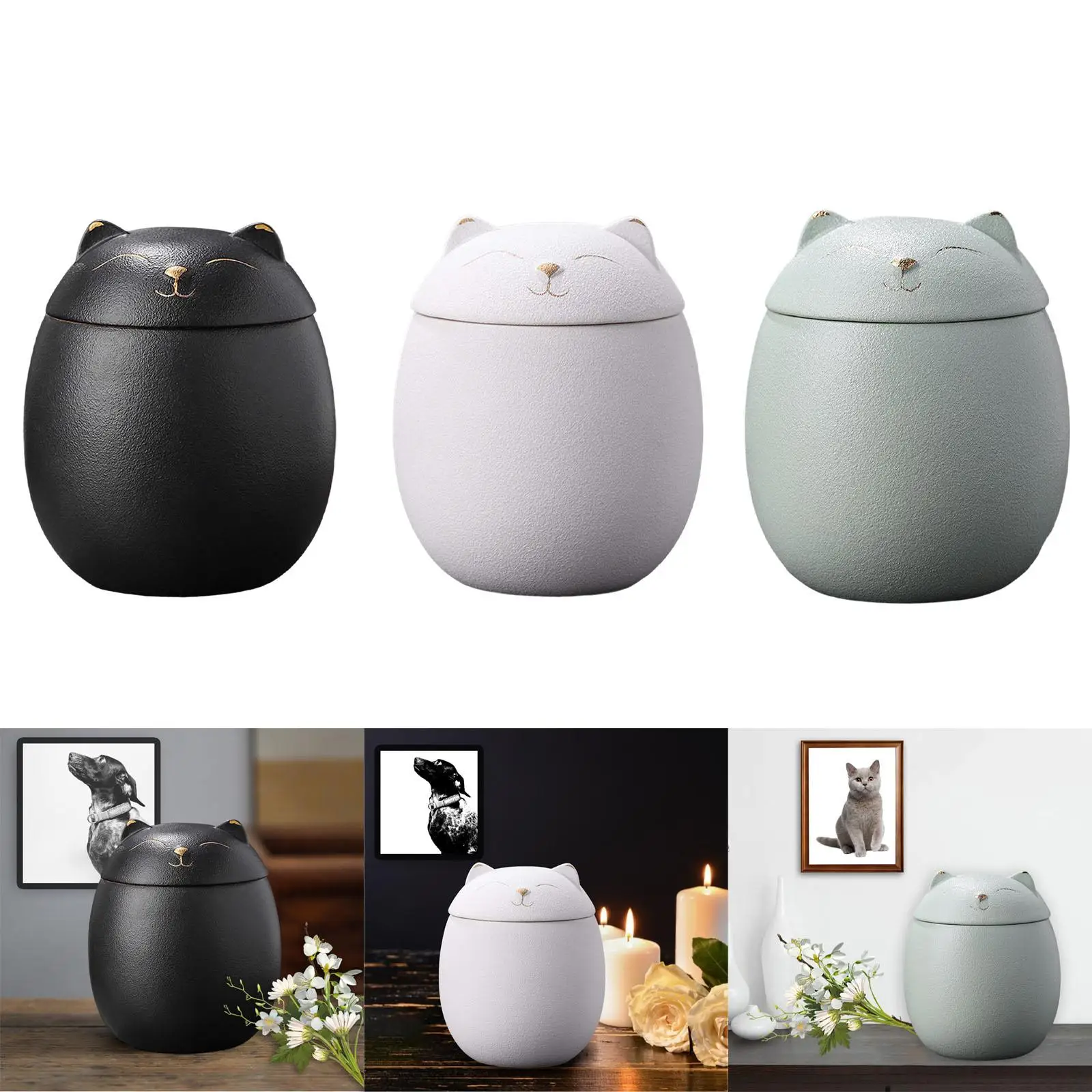Cat Shape Ceramic Canisters with Lid Multi Use 500ml Moisture Proof Pots Jars Urn for Pet Ashes Memorial Cremation Urns