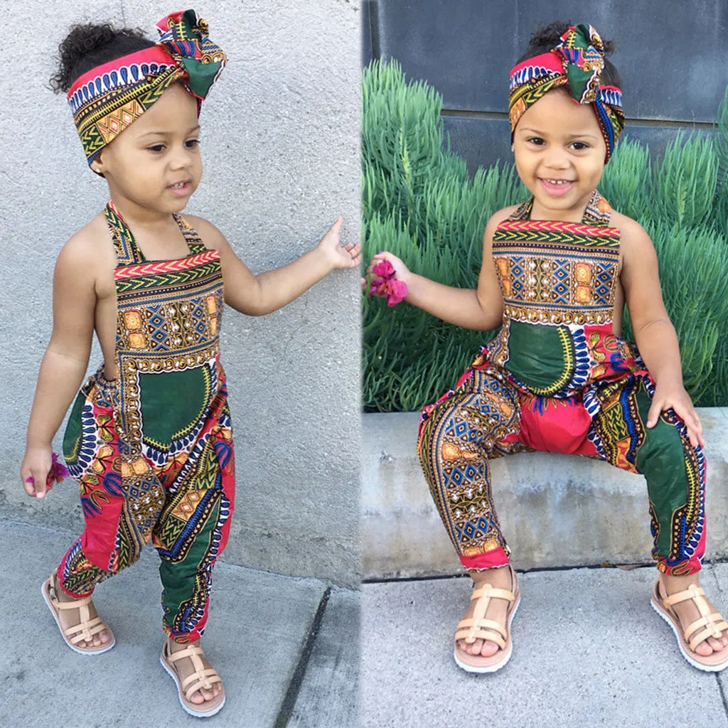 New Summer Baby Clothes Toddler Baby Girls Sleeveless Dashiki African Print Romper Jumpsuit Clothes Headband Set For 3M-3T Warm Baby Bodysuits 