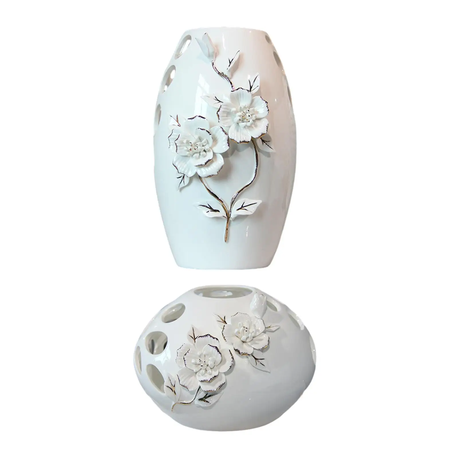 White Ceramic Vase Table Ornament Flower Carving Pattern for Apartment Wedding Centerpieces Mantel End Table Decor Multipurpose