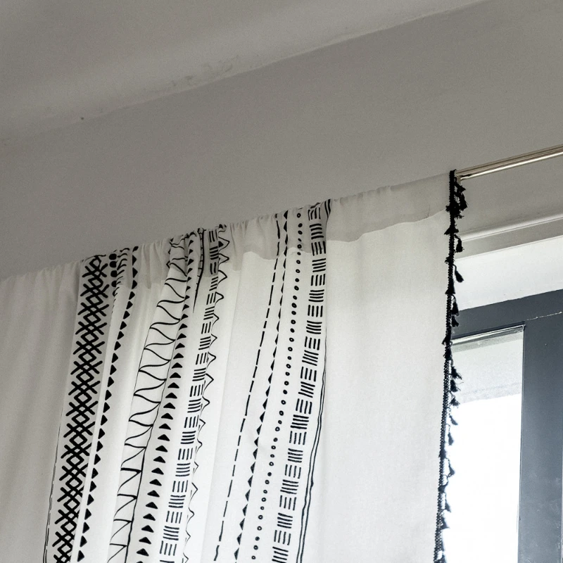Black and White Modern Cotton Linen Curtains for Bedroom Living Room Embroidered Geometric Striped Tassel Panel Curtains Custom
