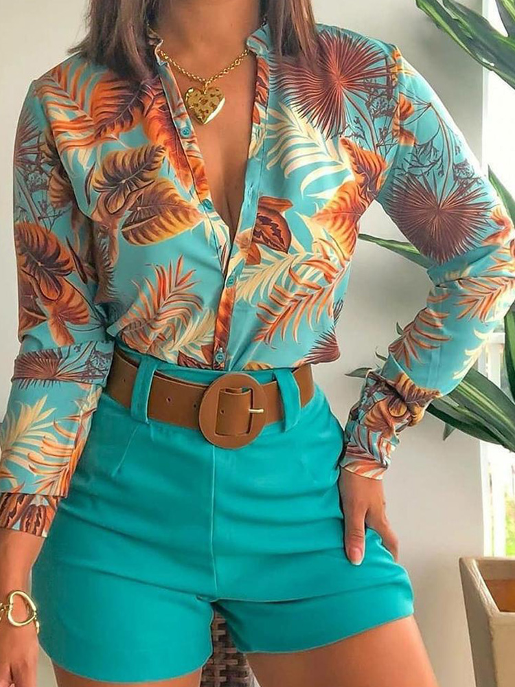 plantas tropical impressão manga longa laço frente colheita topos shorts conjunto com cinto feminino conjunto de duas peças