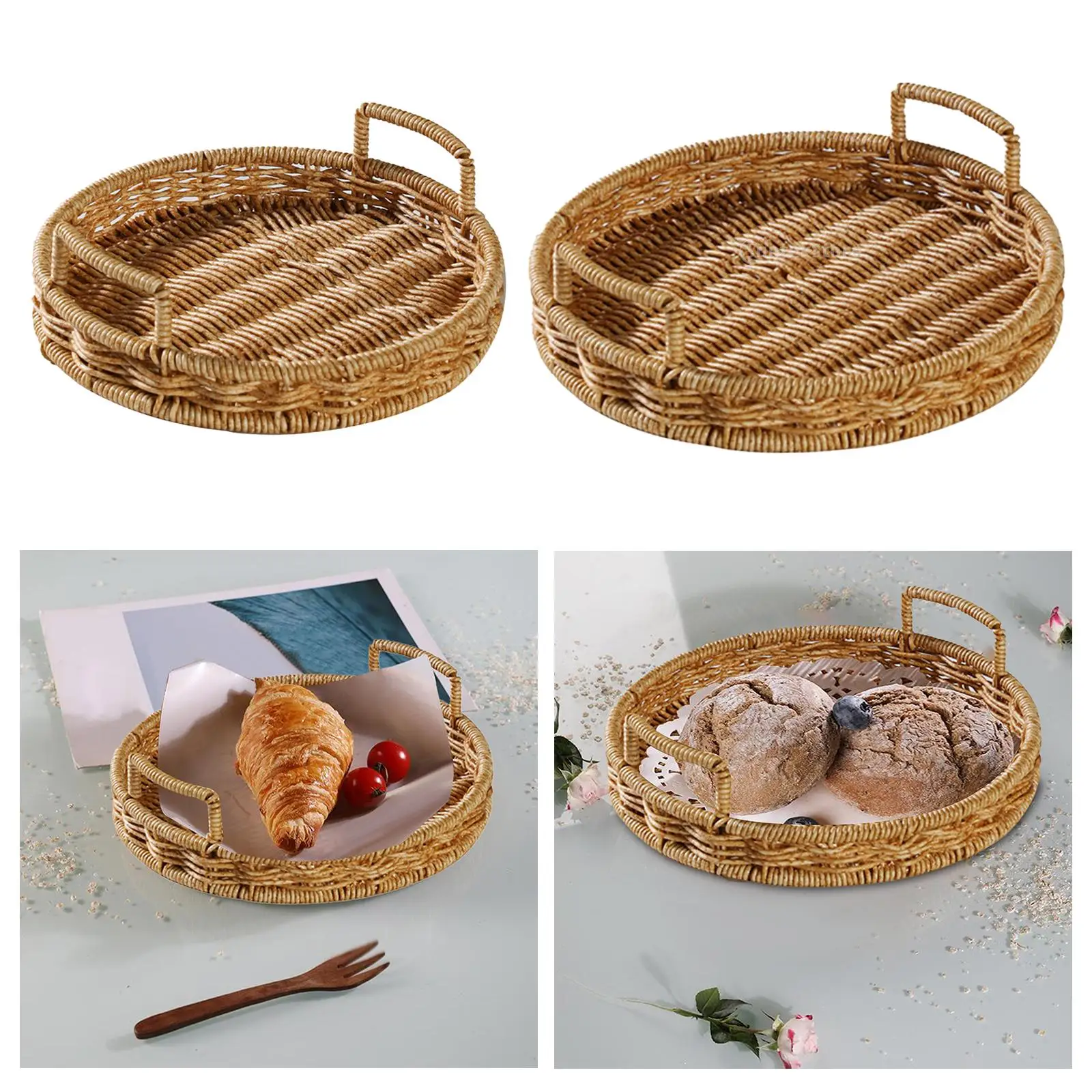 Rattan Round Serving Tray, Wicker Fruit/Bread Serving Basket Hand Woven Serving Basket with Handles, Tea Serving Rattan Basket