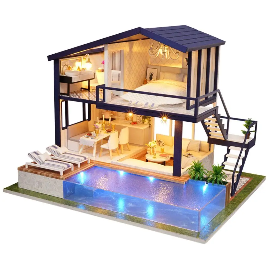 Miniature Doll  Wood Crafts Swimming Pool  House Creative Room Toys for Gift