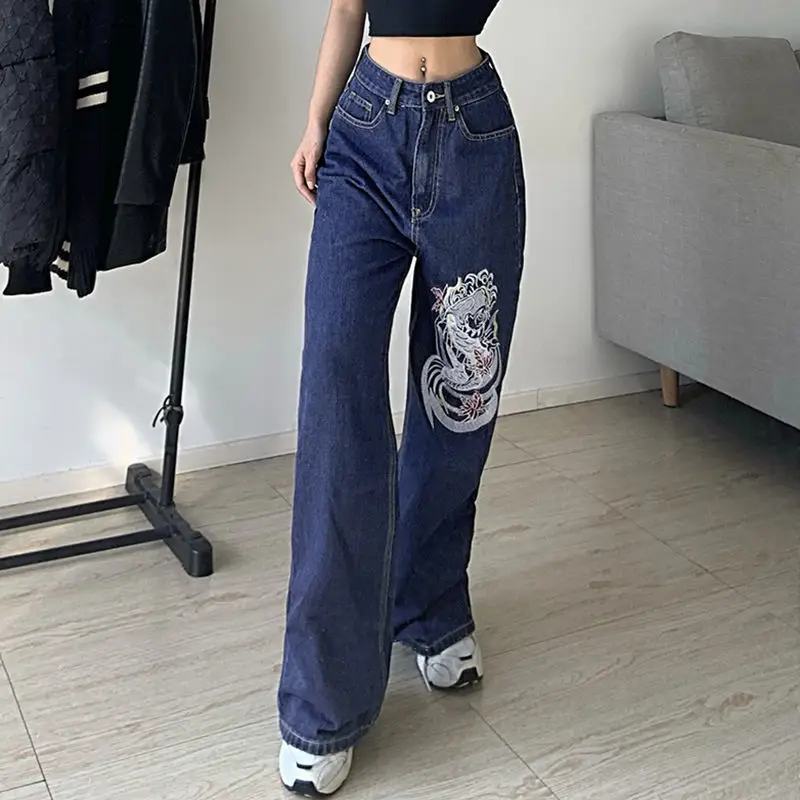 ripped jeans Dragon Print Straight Woman Jeans High Street Vintage Streetwear Hip Hop Harajuku High Waisted Jeans Loose Mom Jeans Pants topshop jeans