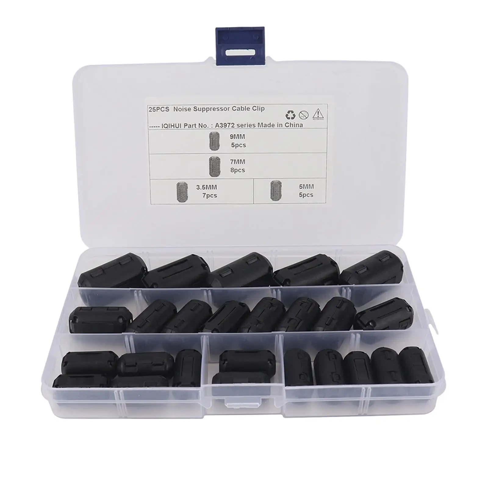 25x Clip On Ferrite Ring Core Kit Detachable Noise Suppressor Cable Clip for Power Cords Keyboard Car DVR 3.5mm 5mm 7mm 9mm