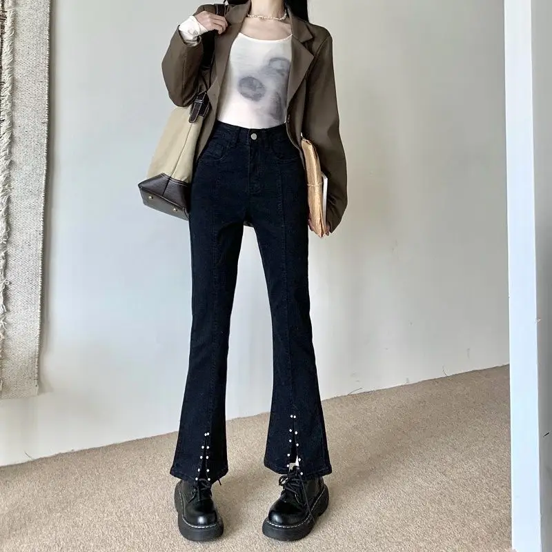 2022 large size spring new high-waisted straight stitching split pearl all-match jeans are slim and trendy patchwork jeans