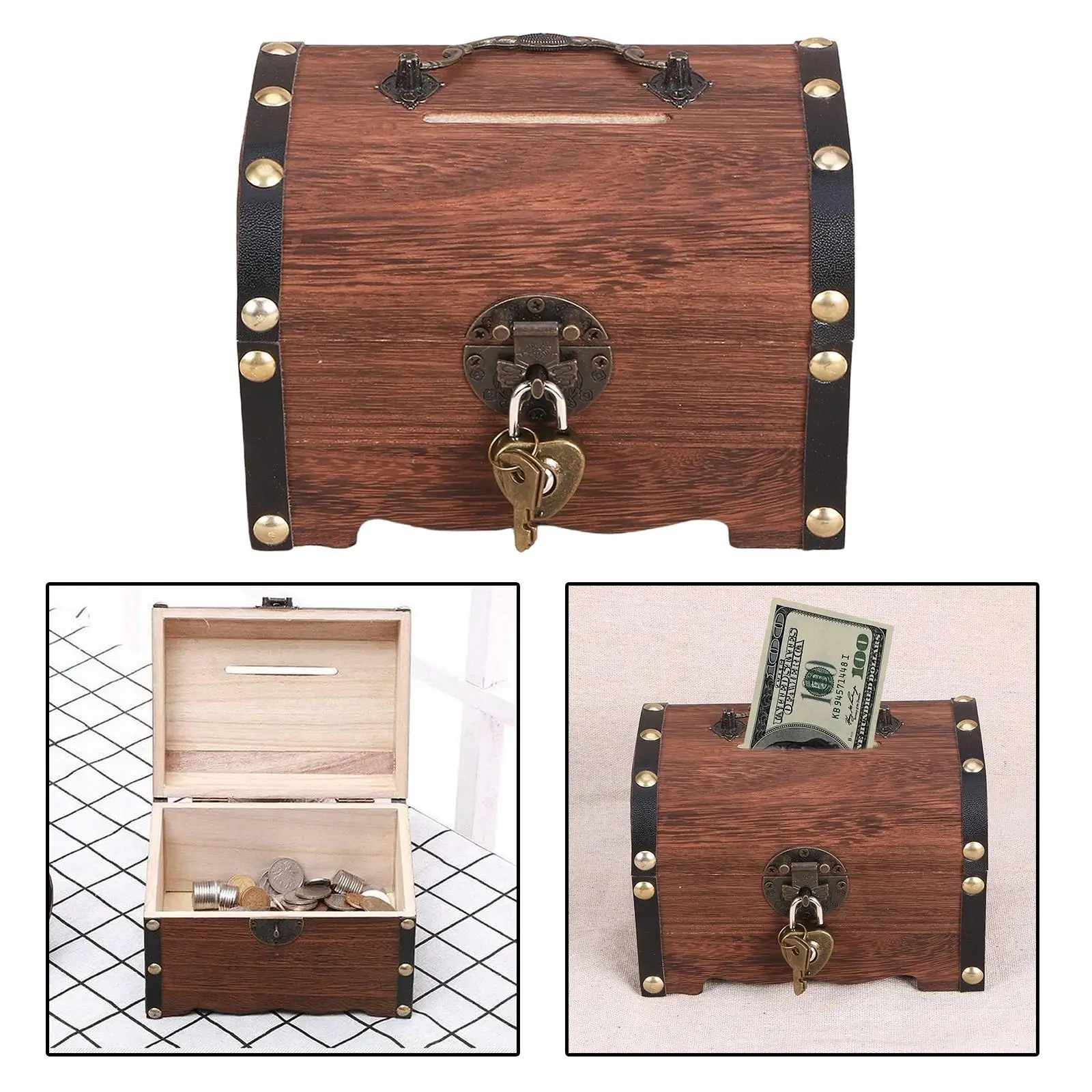 Retro Wooden Box, Vintage Wooden Vintage Coin Box Organizer with Lock & Keys for Children Adults