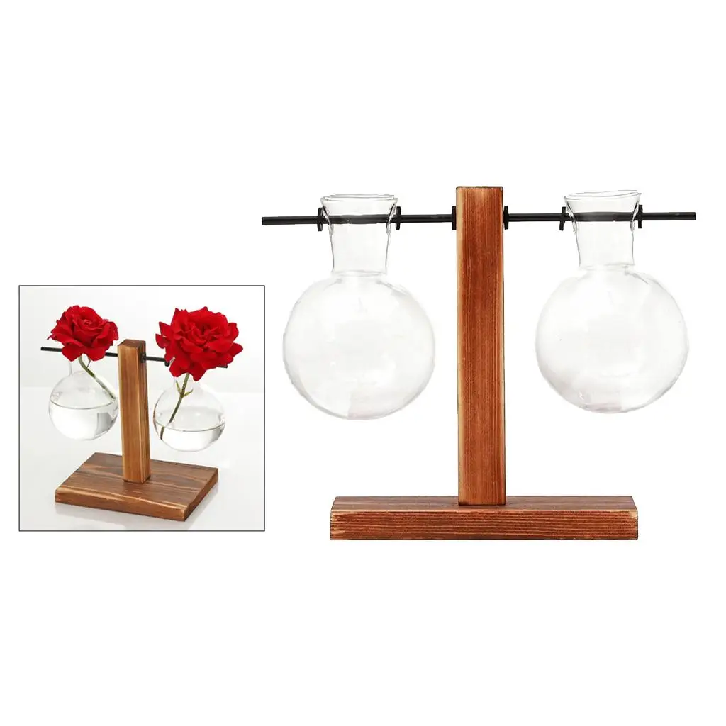 Desktop Clear Glass Planter Bulb Vase with Retro Solid Wooden Stand