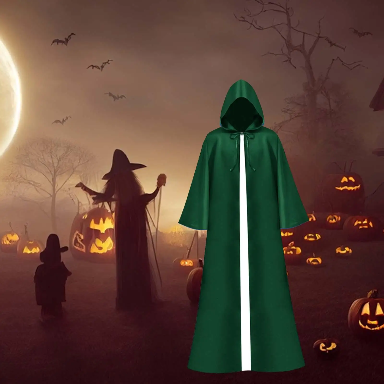 Halloween Hooded Cloak Cosplay Cape Full Length Witch Costume Long Hooded Cloak Robe for Vintage Gathering Carnival