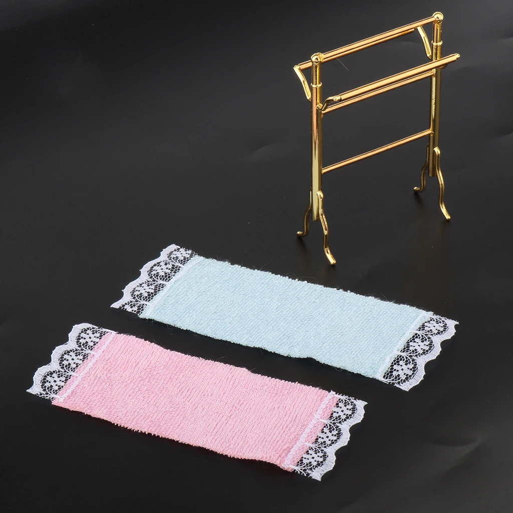 Miniature Towel Rack 1/12 Scale Dollhouse with 2 Towels Accessory Set