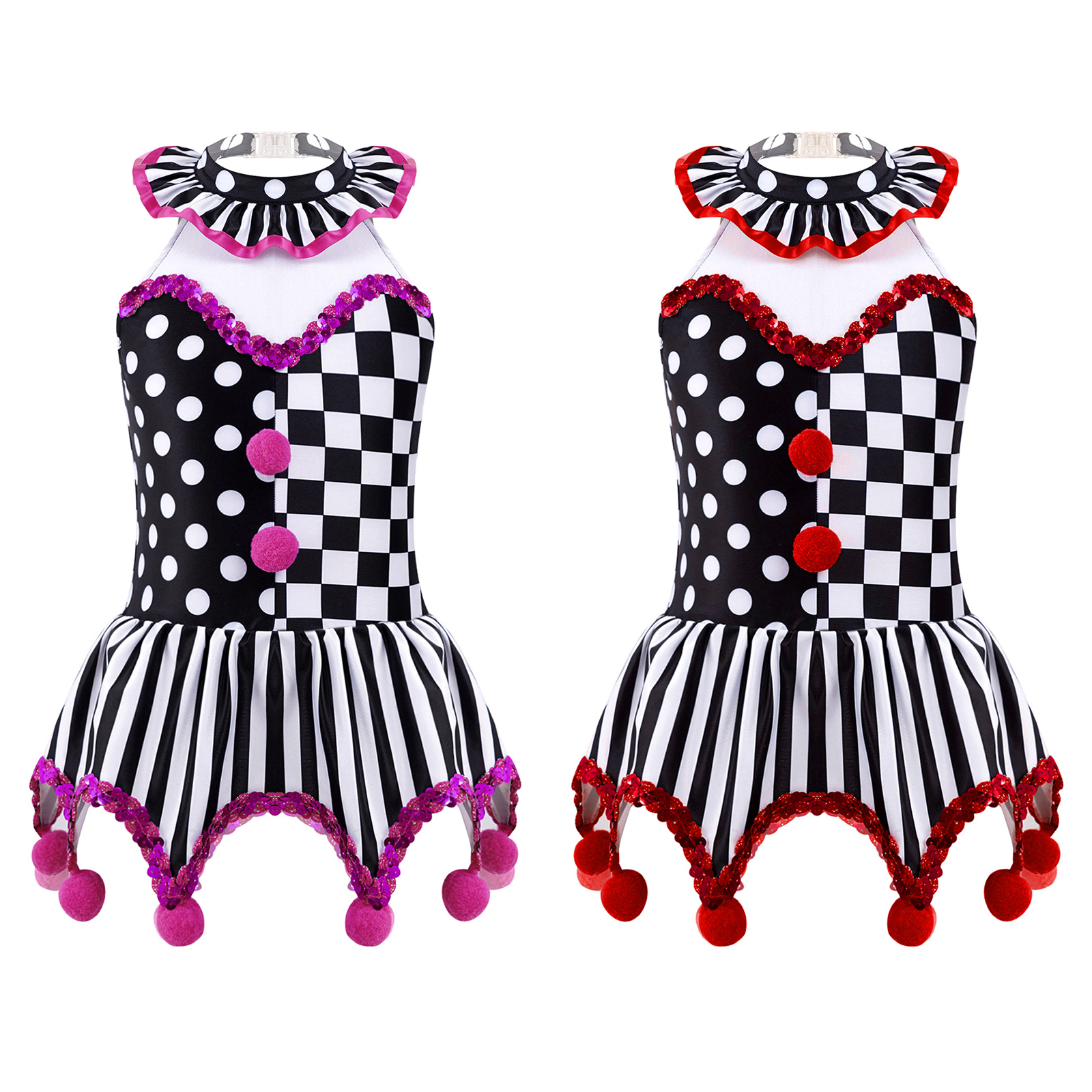 Mädchen Zirkus Clown Joker Kostüm Halloween Cosplay Schwarz Weiß Gitter Pompoms Trikot Tutu Kleid Karneval Party Leistung – Detail 5