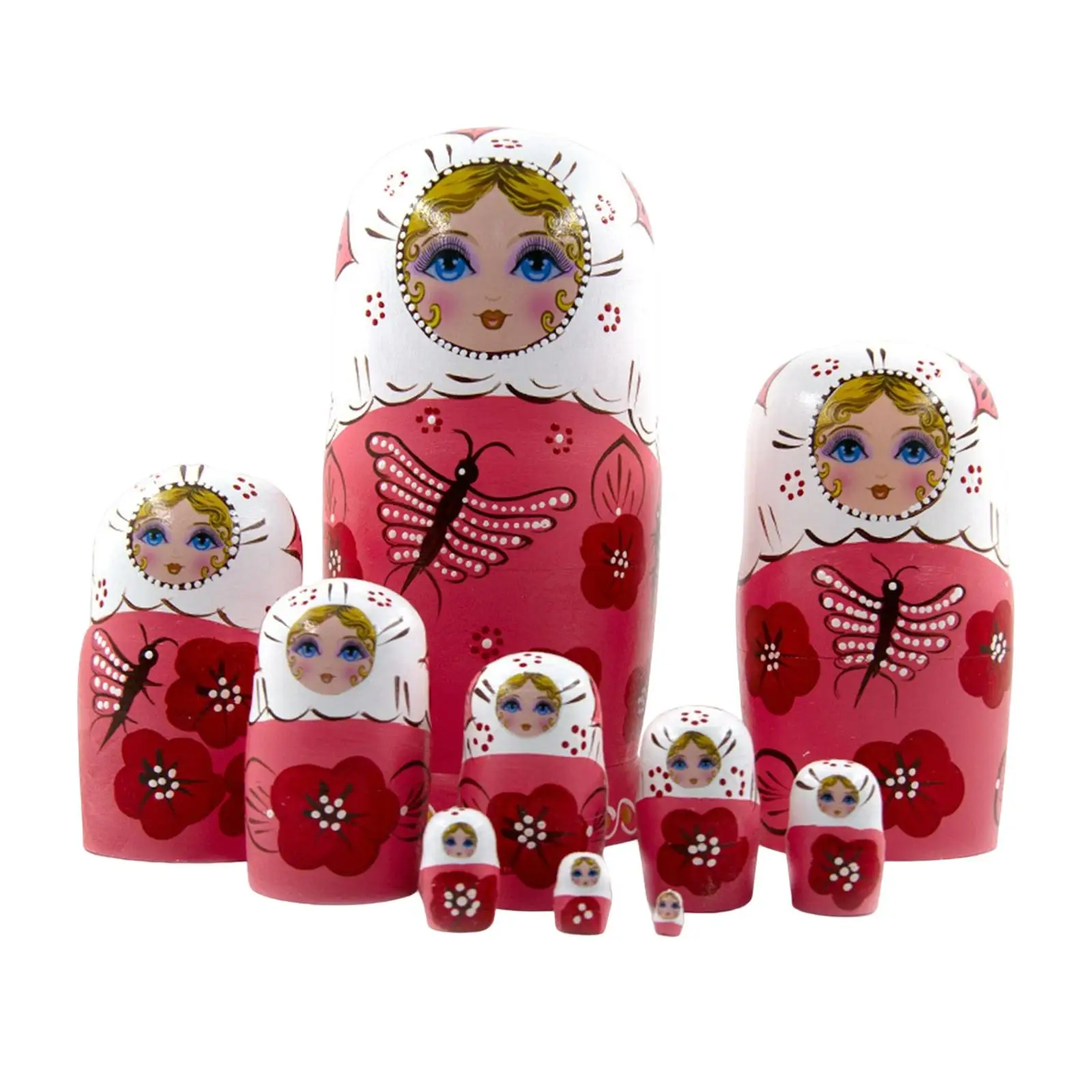 Russian Girls Nesting Dolls Matryoshka Stacking Toy Pink Dragonfly 10 Layers