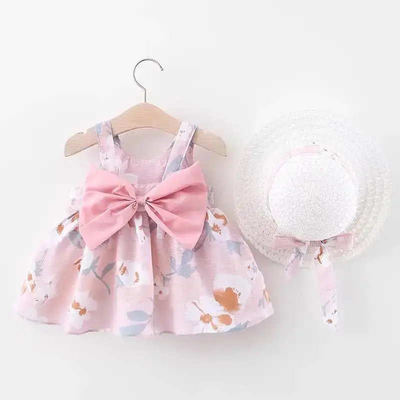 frock designs 2022 Summer Newborn Baby Clothes Baby Girl Clothes Cute Print Sleeveless Cotton Beach Dress + Sun Hat Princess Dresses beach dresses