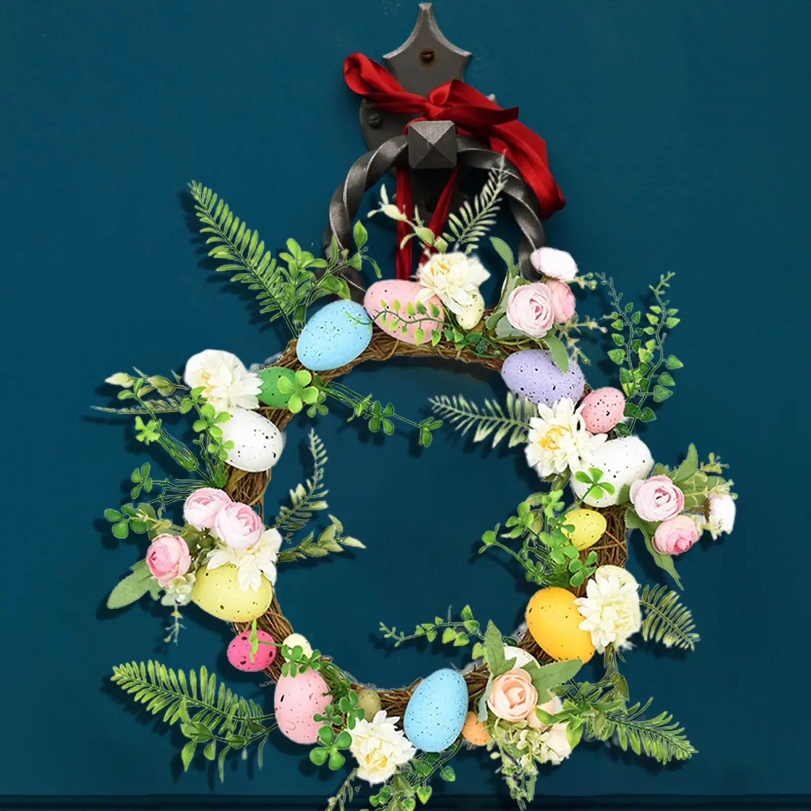 Easter Wreath Wall Hanging with Colorful Eggs Window  and garden
