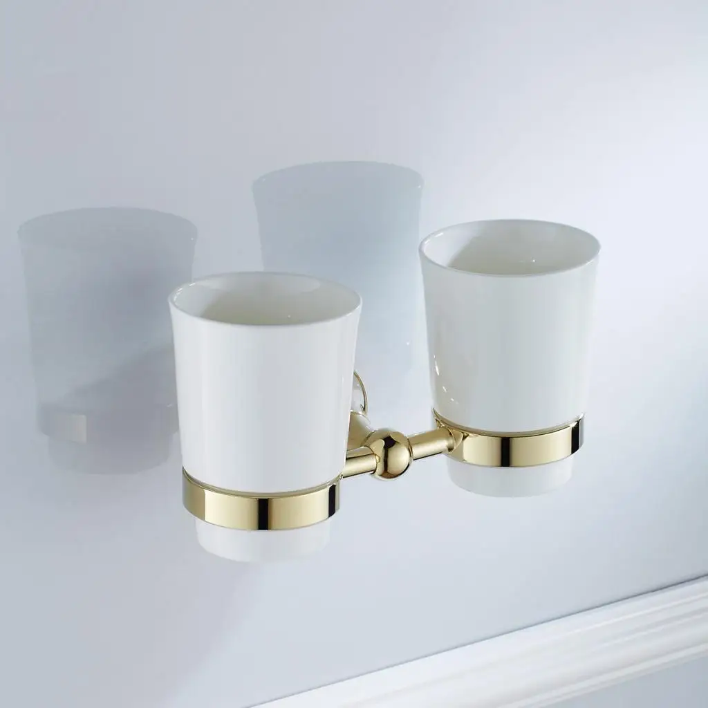 Vintage Wall Mount Toothbrush Holder Single, Double Ceramic Cup Gold