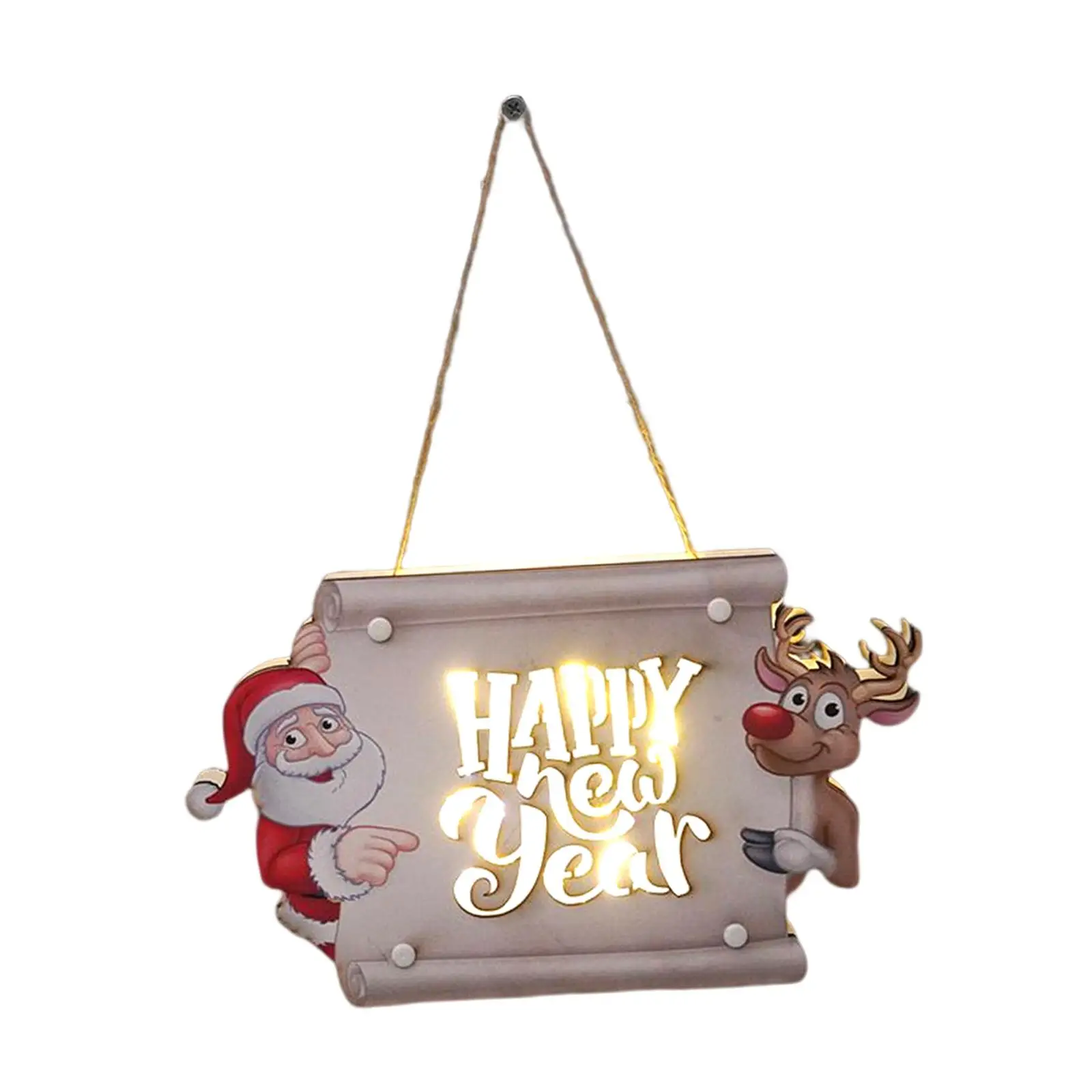 Christmas Hanging Sign with Lights Wall Door Pendant with Hanging Rope Wooden Ornament Plaque for Porch